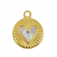 Breloque en acier Inox coquille rond avec coeur Doré-blanc (couleur naturelle)