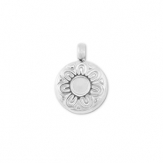 Breloques en acier Inox rond avec fleur Argenté
