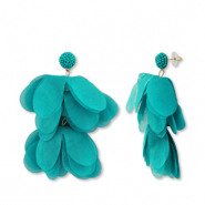Boucles d'oreilles tendance fleur en mousseline Vert sarcelle-dor&eacute;