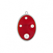 Pendentifs en résine ovale avec perles Argenté-rouge-blanc