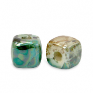 Perles en c&eacute;ramique DQ grecque carr&eacute; 8mm Vert paon-beige marron