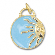 Métal TQ laiton breloques rond avec soleil Doré-bleu clair