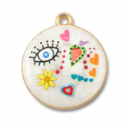 Breloques en métal avec émaillée rond Blanc-multicolore-doré