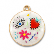 Breloques en métal avec émaillée rond Blanc-multicolore-doré