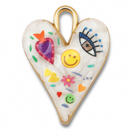 Breloques en métal avec émaillée coeur Blanc-multicolore-doré