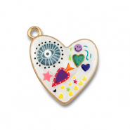 Breloques en métal avec émaillée coeur Blanc-multicolore-doré