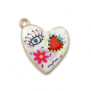 Breloques en métal avec émaillée coeur Blanc-multicolore-doré