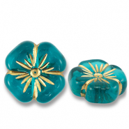 Perles acryliques fleur Bleu sarcelle-doré