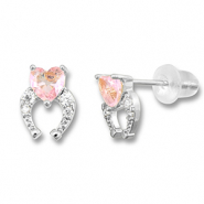 M&eacute;tal TQ laiton boucles d'oreilles / puces d&rsquo;oreilles fer &agrave; cheval avec coeur Argent&eacute;-rose clair