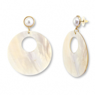 Boucles d'oreilles en coquille accroche-regard rond Blanc (couleur naturelle)-rose clair-dor&eacute;