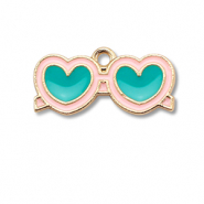 Breloques en métal émaillée lunettes de soleil en cœur Doré-bleu turquoise-rose clair