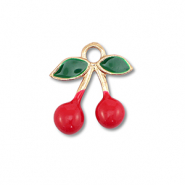 Breloques en métal émaillée cerises Doré-rouge-vert foncé