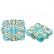 Perles acryliques rectangle avec fleur Bleu sarcelle-doré