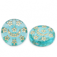 Perles acryliques disque avec lune et étoiles Bleu sarcelle-doré