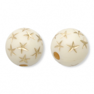 Perles acryliques 10 mm rond avec étoiles Blanc cassé-doré