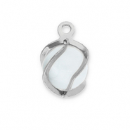 Breloques en acier Inox rond Oeil de chat Argenté-blanc laiteux