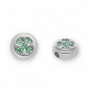 Perles en métal DQ rond avec trèfle Argenté antique-pailleté turquoise (sans nickel)