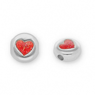 Perles en métal DQ rond avec coeur Argenté antique-pailleté rouge (sans nickel)