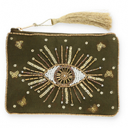 Trousse Oeil Porte-Bonheur Vert olive fonc&eacute;-dor&eacute;-blanc