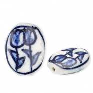 Perles en céramique ovale avec tulipes Blanc cassé-bleu de Delft