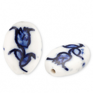 Perles en céramique ovale avec tulipe Blanc cassé-bleu de Delft