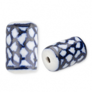 Perles en céramique tube Blanc cassé-bleu de Delft