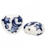 Perles en céramique coeur avec lune et étoiles Blanc cassé-bleu de Delft