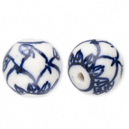 Perles en céramique 15 mm avec feuille Blanc cassé-bleu de Delft