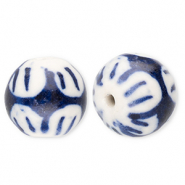 Perles en céramique 12 mm avec fleur Blanc cassé-bleu de Delft