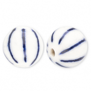 Perles en céramique 10 mm avec rayées Blanc cassé-bleu de Delft