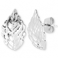 Apprêts en acier Inox boucles d'oreilles / puces d’oreilles feuille avec anneau Argenté