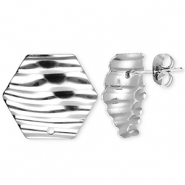 Apprêts en acier Inox boucles d'oreilles / puces d’oreilles hexagone avec lignes avec anneau Argenté