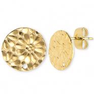 Apprêts en acier Inox boucles d'oreilles / puces d’oreilles rond avec flor avec anneau Doré