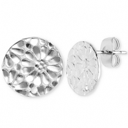Apprêts en acier Inox boucles d'oreilles / puces d’oreilles rond avec flor avec anneau Argenté