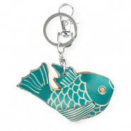 Porte-clés en cuir poisson Bleu cyan foncé-beige sable