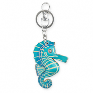 Porte-clés en cuir hippocampe Bleu cyan foncé-beige sable