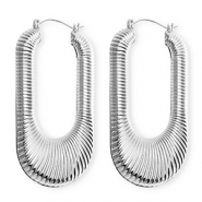 Boucles d'oreilles / créoles accroche-regard ovale strié avec tige en acier inoxydable Argenté