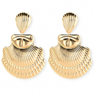 Boucles d'oreilles / puces accroche-regard coquillage strié avec tige en acier inoxydable Doré