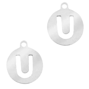 Breloques en acier inox alphabet lettre U m&eacute;daillon 10mm Argent&eacute;