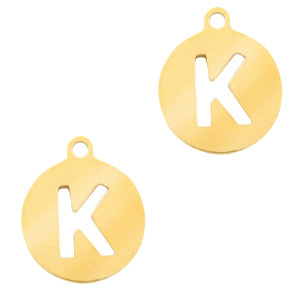 Breloques en acier inox alphabet lettre K m&eacute;daillon rond 10mm Dor&eacute;