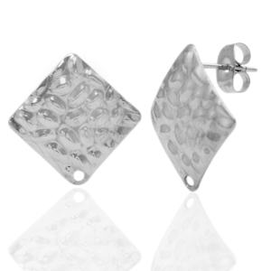Boucles d'oreilles en acier Inox/puces d&rsquo;oreilles martel&eacute;es carr&eacute; avec anneau Argent&eacute;