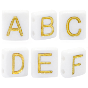 Perles lettres acryliques m&eacute;lang&eacute;es Blanc-dor&eacute;