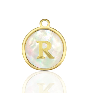 Breloques en acier Inox nacre rond 12mm lettre R Blanc (couleur naturelle)-dor&eacute;
