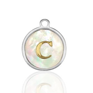 Breloques en acier Inox nacre rond 12mm lettre C Blanc (couleur naturelle)-argent&eacute;