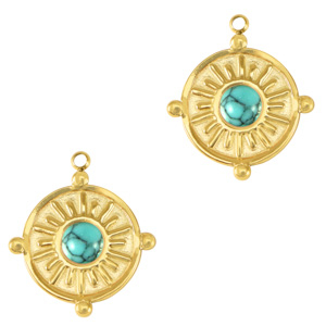 Breloques en acier Inox avec pierre naturelle Dor&eacute;-bleu turquoise