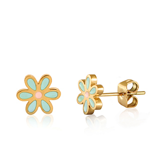 Boucles d'oreilles en acier Inox fleur Turquoise-dor&eacute;