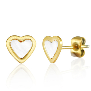 Boucles d'oreilles / puces d&rsquo;oreilles en acier Inox coeur Dor&eacute;-blanc perle
