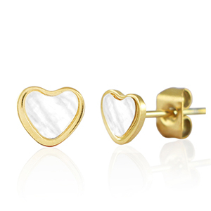 Boucles d'oreilles / puces d&rsquo;oreilles en acier Inox coeur Dor&eacute;-blanc perle