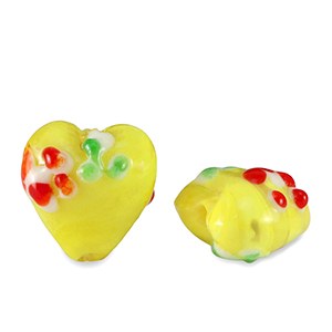 Perles en verre peintes &agrave; la main c&oelig;ur fleur Jaune-rouge