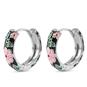 M&eacute;tal TQ laiton cr&eacute;oles &eacute;maill&eacute;es fleur Argent&eacute;-negro rose